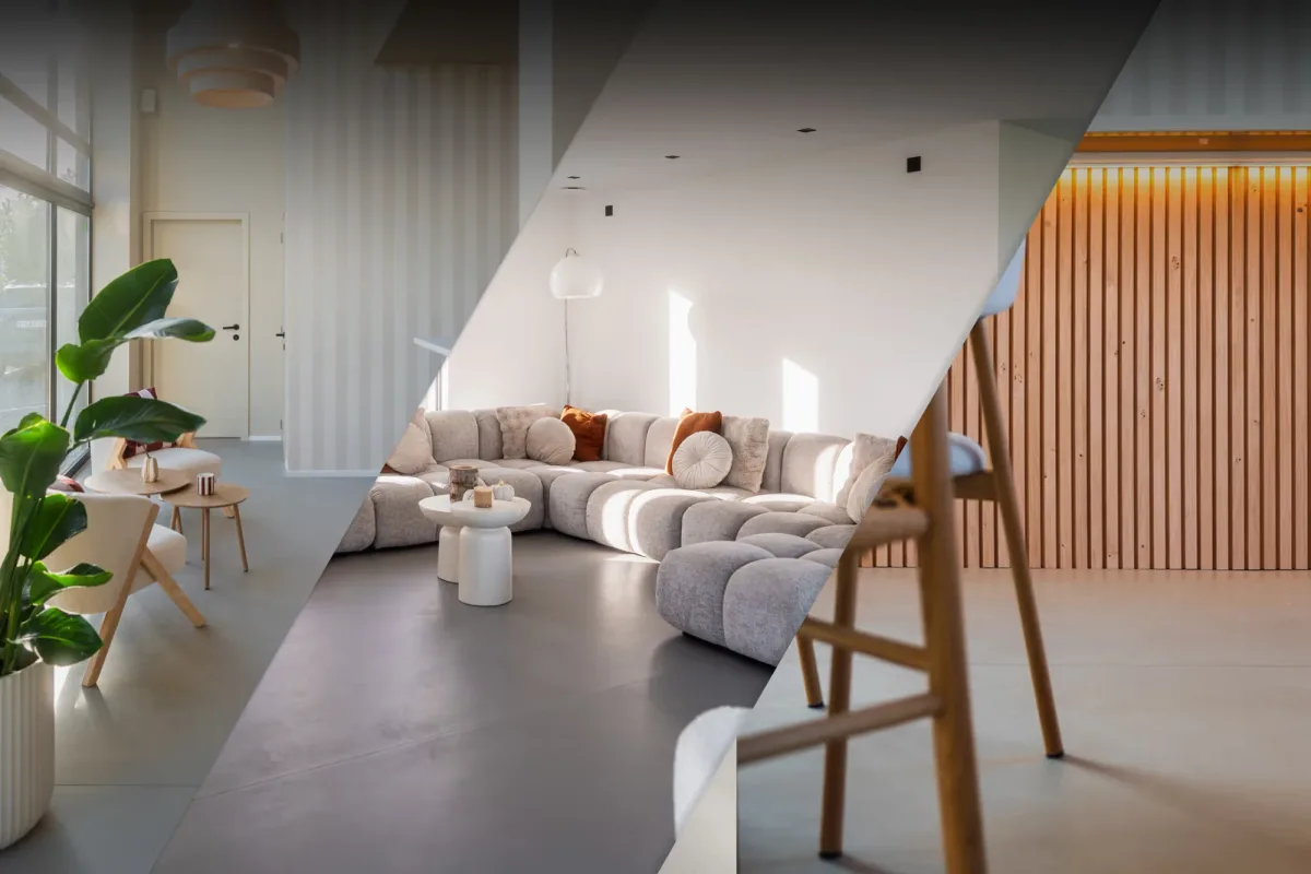 Séjour contemporain au sol en béton ciré, grand canapé et lumière naturelle, réalisation BOW Design