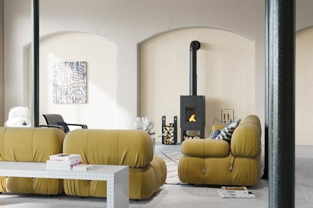 salon dans une pièce avec des murs en chaux clair