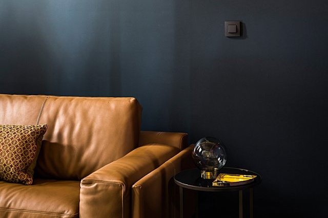 salon en cuir devant un mur en chaux noir